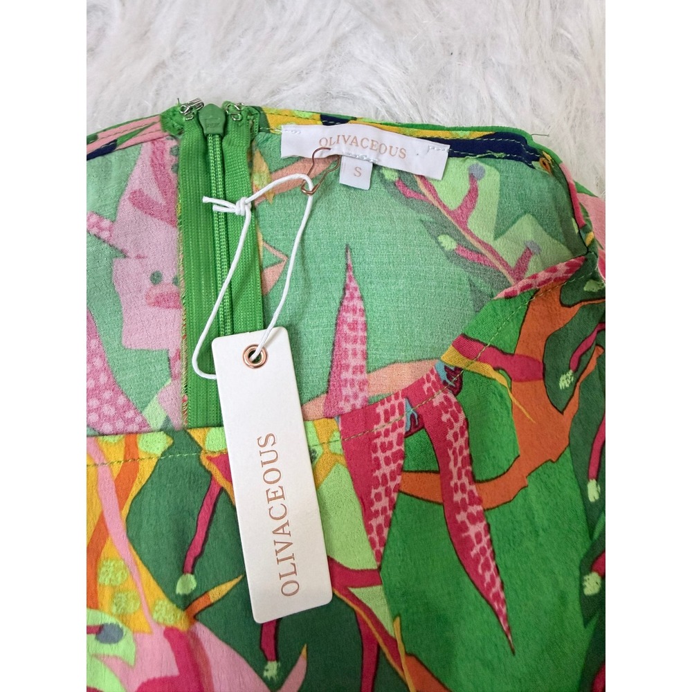 Olivaceous Tropical Print Mini Skirt Green Pink Monstera Leaf Rayon Small NWT - Picture 4 of 7